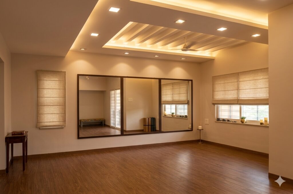 Spacious yoga and personal training studio with wood flooring, large wall mirrors, and warm ambient lighting. Soulz Fitness