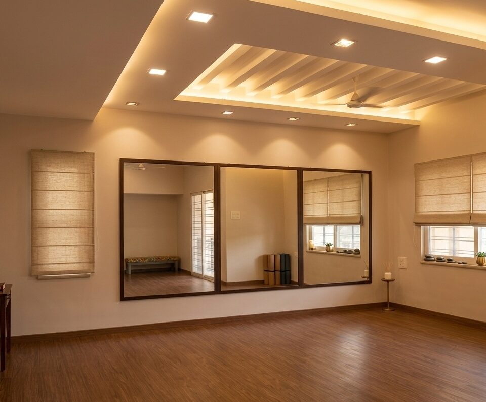Spacious yoga and personal training studio with wood flooring, large wall mirrors, and warm ambient lighting. Soulz Fitness