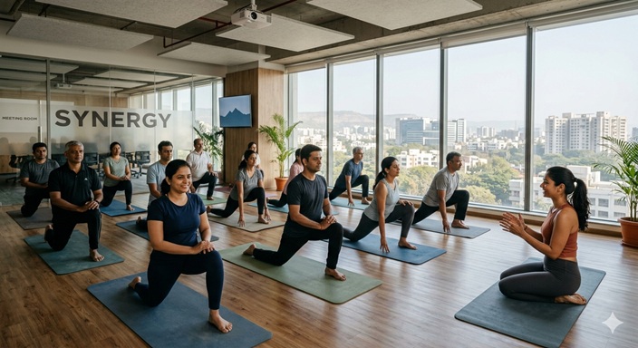 Corporate yoga session for office team in Pune — Soulz Fitness workplace wellness programme